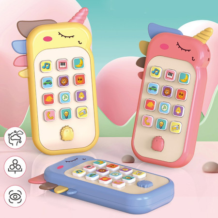 Jucarie Interactiva, Cyrax, Telefon Inteligent, Model Unicorn, Functii Educative, Muzicale si Voce, 4-6 ani, 19 x 11.5 cm, din Plastic, Galben