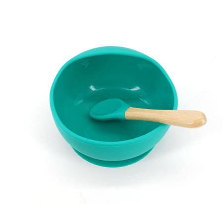 Set 2 piese diversificare bebelusi si copii din silicon Cyrax, bol cu ventuza, lingurita din lemn si silicon, pentru gustari, fara alergeni, verde
