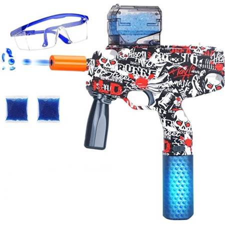 Mitraliera de jucarie electrica Cyrax cu bile de hidrogen de gel, gun bluster, tragere in rafala, varsta peste 6 ani, ochelari de protectie, 5000 de bile incluse, cablu de incarcare, 40.1 x 31.6 cm, Mp9, rosu