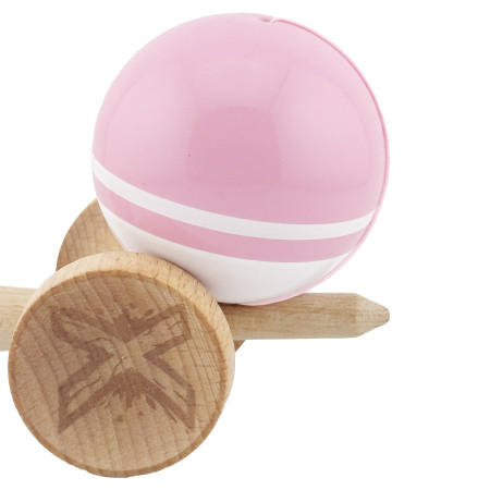 Kendama X Originala, Profesionala, Cyrax, Big Cups V2, Super Sticky cu Cupe Mari, din lemn 18 cm, Rulment Metalic cu Ata 55 cm, Roz/Alb
