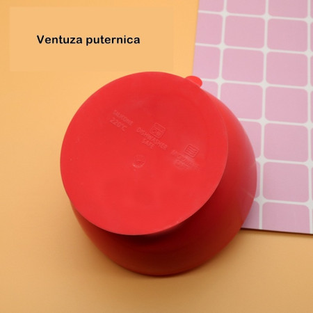 Set 2 piese diversificare bebelusi si copii din silicon Cyrax, bol cu ventuza, lingurita din lemn si silicon, pentru gustari, fara alergeni, rosu