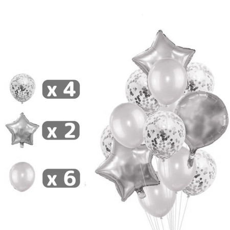 Set 25 de Baloane din Folie Metalizata si Latex, Cyrax, Figurine 2 Stele, 4 Baloane Confetti, 13 Litere, 6 Latex, Model Happy Birthday, Tema Aniversare, 40 cm, Ambalaj Individual, Pai Inclus, Umflare cu Aer sau Heliu, Argintiu