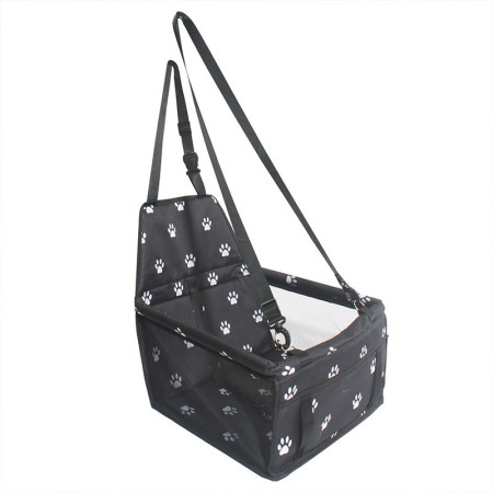 Suport pentru Animalele de Companie,  pentru Masina, cu Prindere de Scaun si Centura de Siguranta, Negru cu Imprimeu, 40x32x42cm