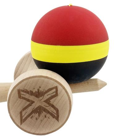 Kendama X Originala, Profesionala, Cyrax, Cupe Mari KING SIZE V3, Rubber Grip, Gaura in Baza, Rulment Metalic, din lemn 18 cm, Ata 62/65 cm, M Rosu/Galben/Negru
