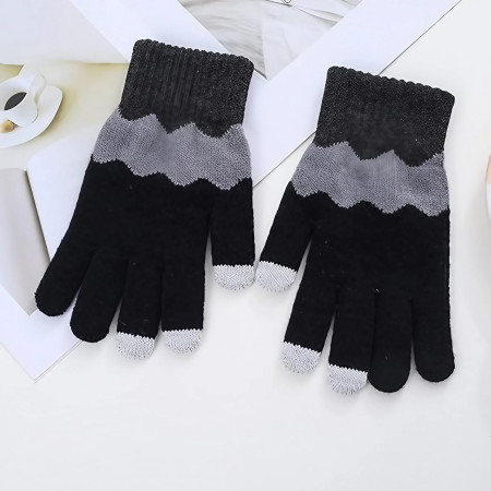 Manusi de Dama,  Model Ondulat, Functie Touchscreen (ecran tactil), Material Acril Tricotat, Manseta Elastica, Interior Catifelat, Marime Universala, Negru/Gri