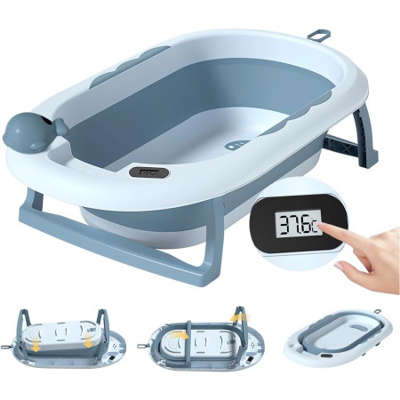 Cada de Baie, Cyrax, pentru Copii 0 luni - 6 Ani, cu Termometru, Pliabila, Perna Suport Inclusa, din Plastic, 81.5 x 49 x 21.5 cm, Albastru