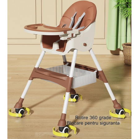 Scaun de masa pentru bebelusi si copii Cyrax, cu roti, telescopic, pliabil, masuta reglabila, suport picioare, scaun invelis piele artificiala, centura siguranta, spatiu depozitare, 97 x 73 x 65 cm, maro