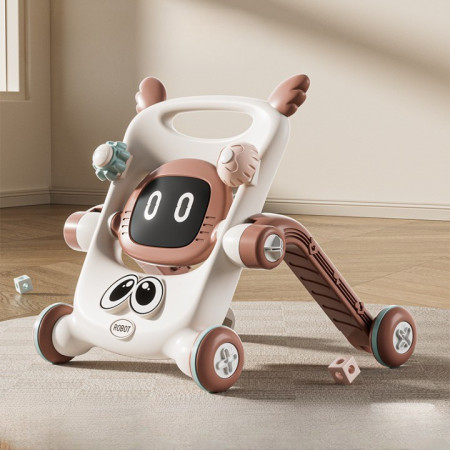 Antemergator pentru Copii 8 in 1, Cyrax, Multifunctional, cu Maner de Impingere Detasabil, Scuter, Trotineta, Scaun Reglabil, Tavita Detasabila, Stabil, Antiderapant, 4 Roti, 56x44x64cm, 9-12 Luni, Maro