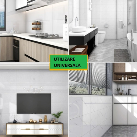 Set 10 Placi Tapet,  60 x 30 cm, Grosime 1.5 mm, din PVC, Model Imitatie de Marmura, Suprafata acoperita 1.8 mp, Alb