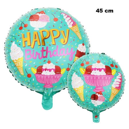 Balon din Folie Metalizata, Cyrax, Mini Figurina Rotunda, Model Inghetata, Happy Birthday, Tematica Aniversare, 45 cm, Ambalaj Individual, Pai Inclus, Umflare cu Aer sau Heliu, Verde