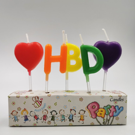 Set 5 Lumanari de Tort, Cyrax, Model Inimi, Litere HBD, 1.8 x 2.7 cm, din Ceara, Multicolor