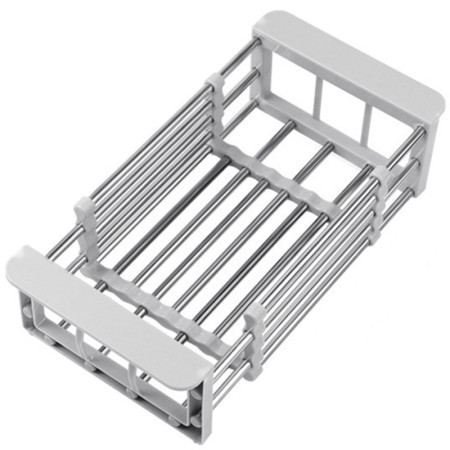 Suport Scurgere Extensibil pentru Bucatarie, Cyrax, Uscator Vase din Otel Inoxidabil, Suport Tacamuri si Pahare, Suport pentru Fructe si Legume, 24.5 x 16.5 x 9.5 cm Gri deschis