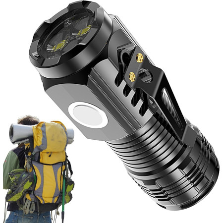 Lanterna cu 3 Nuclee Led,  Incarcare USB, Autonomie 4-20h, Raza Maxima 100-200 m, 5W, 4 x 4 x 9 cm, Suport de Agatat, Fund Magnetic, Negru