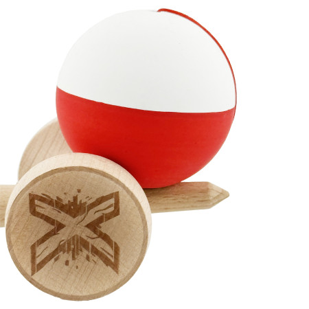 Kendama X Originala, Profesionala, Cyrax, Rubber Grip, Cupe Mari KING SIZE V3, Gaura in Baza, Rulment Metalic, din lemn 18 cm, Ata 62/65 cm, Bicolor Alb/Rosu