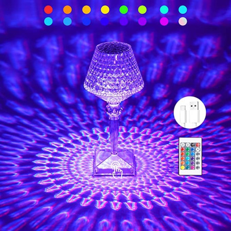 Lampa de birou pe LED RGB 16,  dimmer tactil, 3 nivele de intensitate, incarcare USB, 3W, Cristal Acrilic, cu telecomanda, forma pahar, transparent