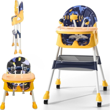 Scaun de Masa 2in1, Cyrax, pentru Copii de la 6 luni - 5 Ani, Inaltime Reglabila, Centura in 5 Puncte, Tava de Masa, Roti cu Frana, Cos Depozitare, Jucarie Inclusa, 94 x 78 x 60 cm, Albastru/Galben