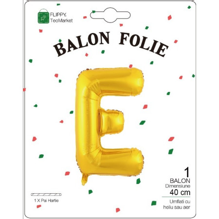 Balon Folie Metalizata Litera E, Cyrax, 40 cm, Umflati cu Heliu sau Aer, Ambalaj Individual, Pai inclus, Auriu