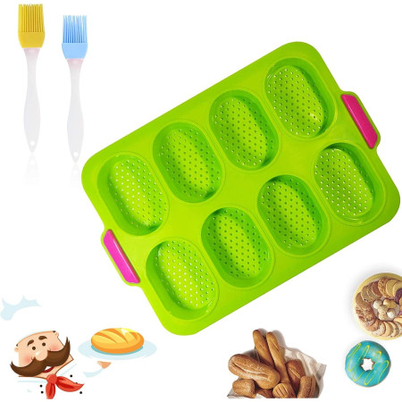 Forme de Silicon pentru Copt, Cyrax, 8 Forme Ovale, pentru Paine si Prajituri, 34.5 x 23.8 x 2.5 cm, Verde/Roz