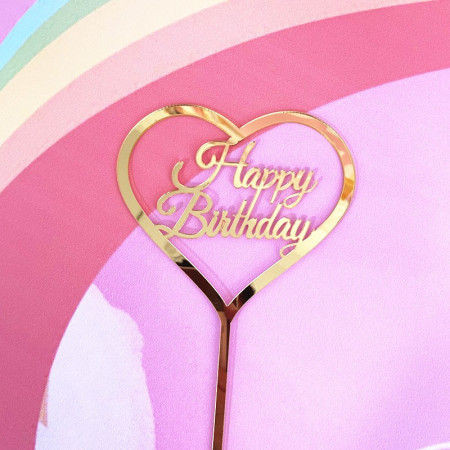 Decoratiune Topper pentru Tort, Cyrax, Model Inimioara Scris Happy Birthday, Tematica Aniversare, Auriu