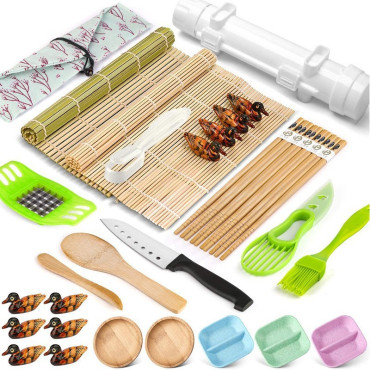 Set Ustensile pentru Sushi, Cyrax, Set din 31 Accesorii pentru Sushi, Set pentru Sushi HOME MADE, Cutit Inclus, Forme, Betisoare, Multicolor