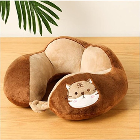 Perna de Calatorie,  Pentru Gat si Cap, Umplutura din Bumbac, 28x28x10 cm, cu Model Brodat Pisica, Maro