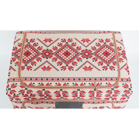 Cutie de Depozitare Pliabila, 100 L din Bumbac si In, 60X42X40 cm, Fereastra Frontala, 2 Usi de Acces cu Fermoar Bidirectional, Cadru Metalic, Suport Baza Stabil din Plastic, Motiv Traditional Model 2