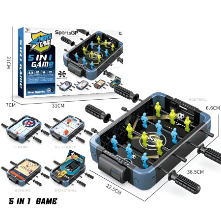 Masa de Joc 5in1  Cyrax, cu Teren Schimbabil de Fotbal, Basket, Bowling, Curling si Hockey, cu Tablou Scor, din ABS, 36.5x22.5x6.6 cm, Design Multicolor, pentru Copii/ Adulti