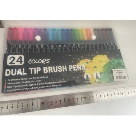 Set 24 Carioci, Cyrax, pe Baza de Apa, 2 Tipuri de Varf, 1-2 mm, 0.4 mm, Corp Carioca Negru, din Plastic, Multicolor