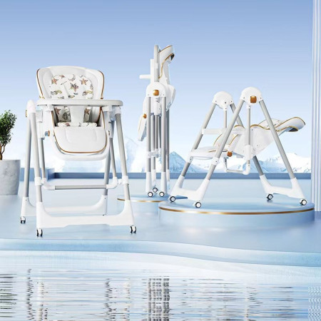 Scaun de Masa 2in1, Cyrax, pentru Copii 6 luni - 4 Ani, Pliabil, cu Roti, Balansoar, Leagan, Reglabil, Tava de Masa Dubla, Centura in 5 Puncte, 96 x 56 x 76 cm, Alb