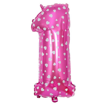 Balon din Folie Metalizata Cyrax, Figurina Cifra, Imprimeu Inimi, Tema Aniversare 80 cm, Ambalaj Individual, Pai inclus, Umflare cu Aer sau Heliu, Roz, Cifra 1