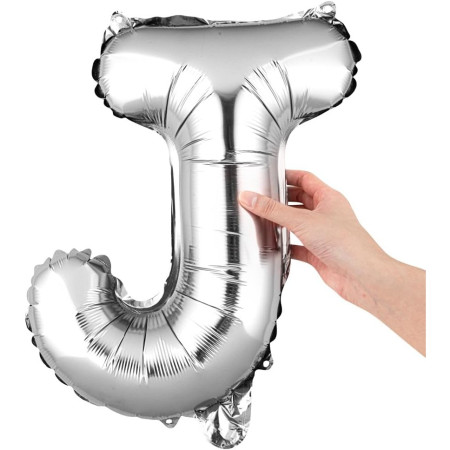 Balon Folie Metalizata Litera J, Cyrax, 80 cm, Umflati cu Heliu sau Aer, Ambalaj Individual, Pai inclus, Argintiu