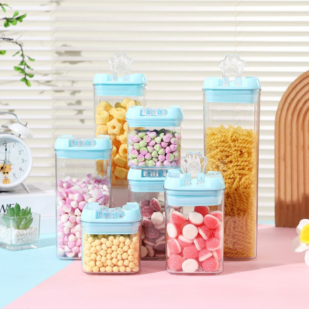 Set 7 Cutii de Depozitare Alimente, Cyrax, 2 x 500ml, 2 x 800ml, 2 x 1200ml, 1 x 1900 ml, Capac Albastru, din PP+PET, Inchidere Ermetica, Transparent