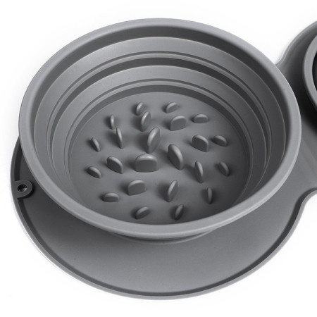 Bol Dublu pentru Animalul de Companie,  din Silicon, Pliabil, Inaltime Reglabila, Antialunecare, 42 x 21 x 5 cm, Gri