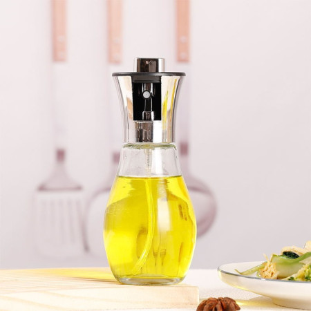 Sticla de ulei cu Pulverizator, Cyrax, Sticla pentru Lichide de Bucatarie, Otet, Sos, 16.7 x 5.2 cm, Volum 200 ml, Silver