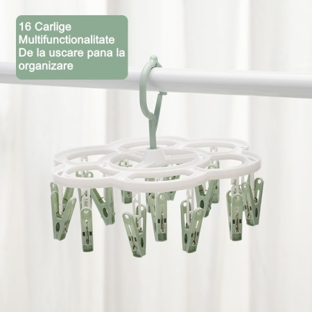 Uscator de Rufe Suspendat  cu 16 Carlige, Rotire 360 Grade, Mateiral Plastic, Usor de Depozitat, Multifunctional, 26 x 21 cm, Verde