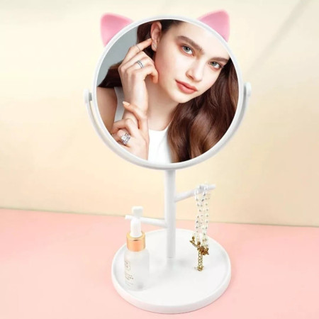 Oglina Cosmetica cu Picior, Cyrax, HD, Rotire 360 Grade, 15 cm Diametru, Suport Bijuterii Baza Rotunda + 2 Brate, Model cu Urechi, 31 x 14.5 x 15 cm, din Plastic, Alb