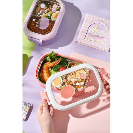 Cutie pentru Pranz sau Gustari, Cyrax, cu Doua Compartimente, pentru Copii si Adulti, Etansare, PP, Perfect pentru Scoala si Birou, 1000 mL, 22.5x14.5x8 cm, Roz