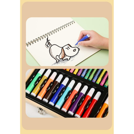 Set 180 Piese pentru Desen si Pictura, Cyrax, Tip Servieta din Lemn, Model Natur, 46 x 30.9 x 4.1 cm, Multicolor