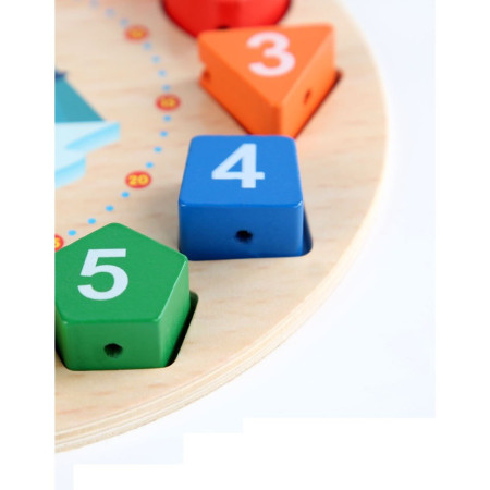 Jucarie Educativa Cyrax, Tip Montessori, Model Ceas Pinguin, din Lemn, + 36 Luni, 12 Piese, 17.2 cm, Multicolor