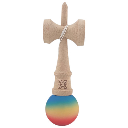 Kendama X Originala, Profesionala, Cyrax, din Lemn, Rubber Grip, 18 cm, Rosu/Galben/Albastru