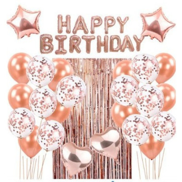 Cyrax Set 24 de baloane folie si latex, 10 baloane latex simple, 10 bloane latex cu paiete, 4 baloane folie, ribon, 1x2 m perdea, Rose Gold