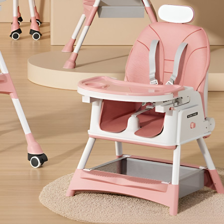 Scaun de Masa pentru Bebelusi si Copii Cyrax, cu Roti, cu Tetiera, Telescopic, Pliabil, Masuta Reglabila, Suport Picioare, Scaun cu Invelis Piele Artificiala, Centura Siguranta, Spatiu Depozitare, 97 x 73 x 65 cm, Roz