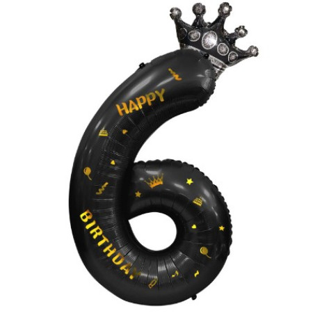 Balon din Folie Metalizata Cyrax, Figurina Cifra si Coroana, Scris Happy Birthday, Tema Aniversare 100 cm, Ambalaj Individual, Pai inclus, Umflare cu Aer sau Heliu, Negru, Cifra 6