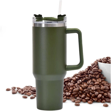 Cana Termos din Plastic, Cyrax, pentru Bauturi Calde si Reci, cu Maner, 9.9x9.9x27 cm, Verde Army