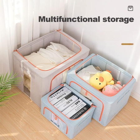 Cutie de Depozitare Pliabila,  24 L, din Bumbac si In, 40x30x20 cm, Fereastra Frontala, 2 Usi de Acces cu Fermoar Bidirectional, Cadru Metalic, Suport Baza Stabil din Plastic, Bleu