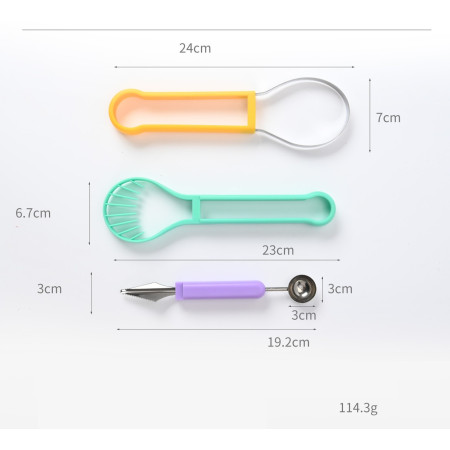 Ustensila bucatarie 4 in 1 pentru taiat si decorat fructe Cyrax, material inox si plastic, compact, 28x6.2 cm, multicolor