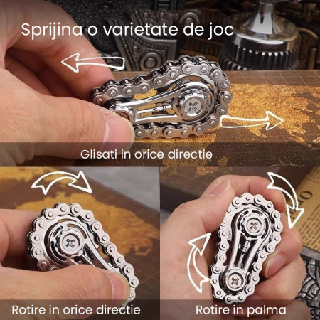 Jucarie Fidget Spinner Premium Anti Stres, Cyrax, Giroscop din Aliaj, Jucarie din Metal de decompresie, forma Lant de Angrenaj de Bicicleta, 6 x 3.5 cm, Negru