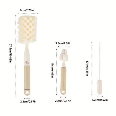 Set 3 Perii de Spalat Biberoane, Cyrax, pentru Tetina, Biberon, Pai, Materiale Sigure, fara BPA, Curatare 360°, Bej