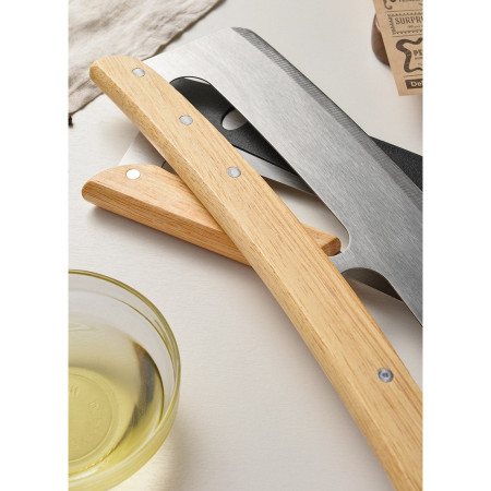 Taietor Feliator de Pizza, Cyrax, din Otel Inoxidabil, cu Capac, Maner din Lemn, Antialunecare, Lama Neteda si Ascutita, 34x10 cm, Maro