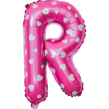 Balon Folie Metalizata Litera R, Cyrax, 40 cm, Cu Imprimeu Inimioare, Umflati cu Heliu sau Aer, Ambalaj Individual, Pai inclus, Roz